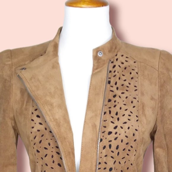 BCBGMaxAzria Skyler Faux Suede Cropped Moto Jacket Size Small Laser Cutouts - Picture 4 of 11